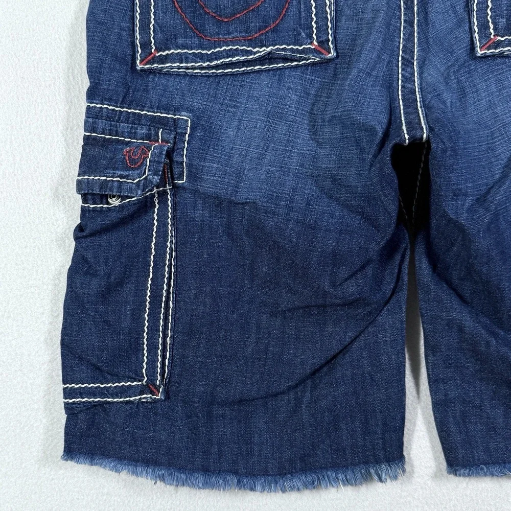 True Religion Cargo Shorts Men 36 Big T Red Stitch Denim Cut Off Drawstring Jean